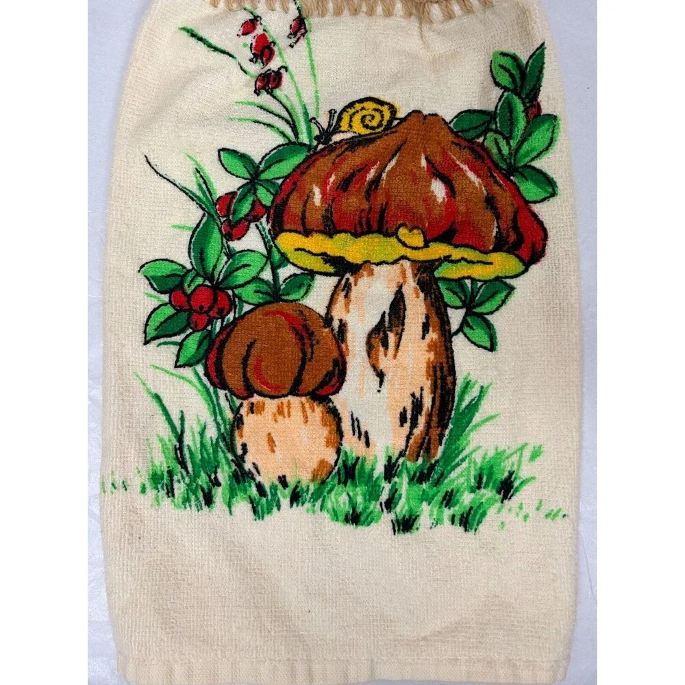 Vintage Mushroom Hanging Kitchen Hand Towels Crocheted 1970s Grannycore Pair